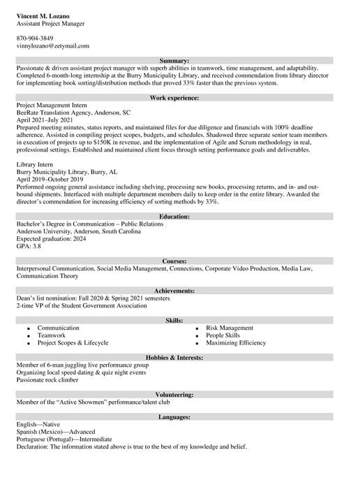 assistant project manager resume example