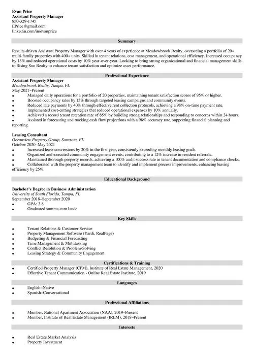 Assistant Property Manager Resume Sample