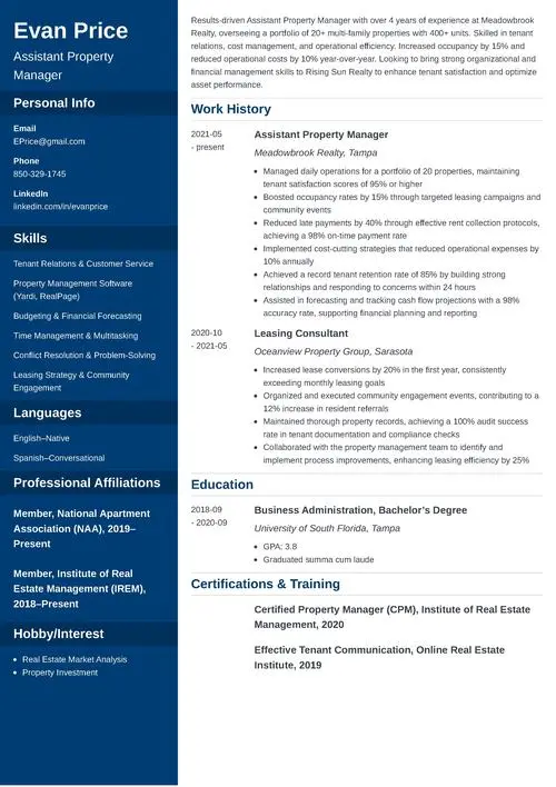 Assistant Property Manager Resume Sample