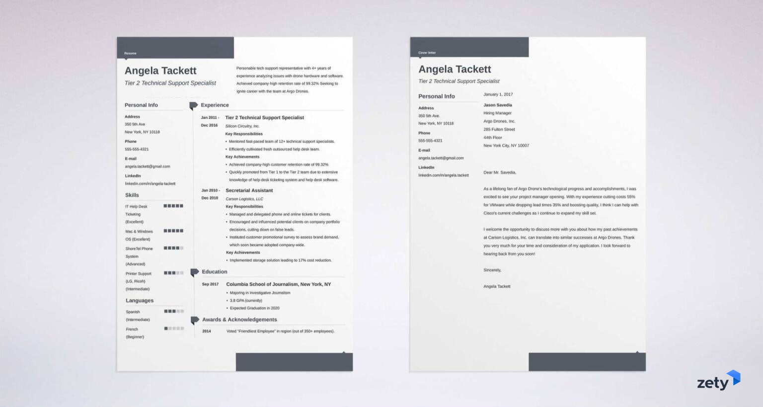 A set of job application materials that correspond, consisting of a resume and cover letter, crafted with the Zety resume builder featuring the Modern resume template, which has a dual-column structure and decorative rectangles in the top and bottom parts.