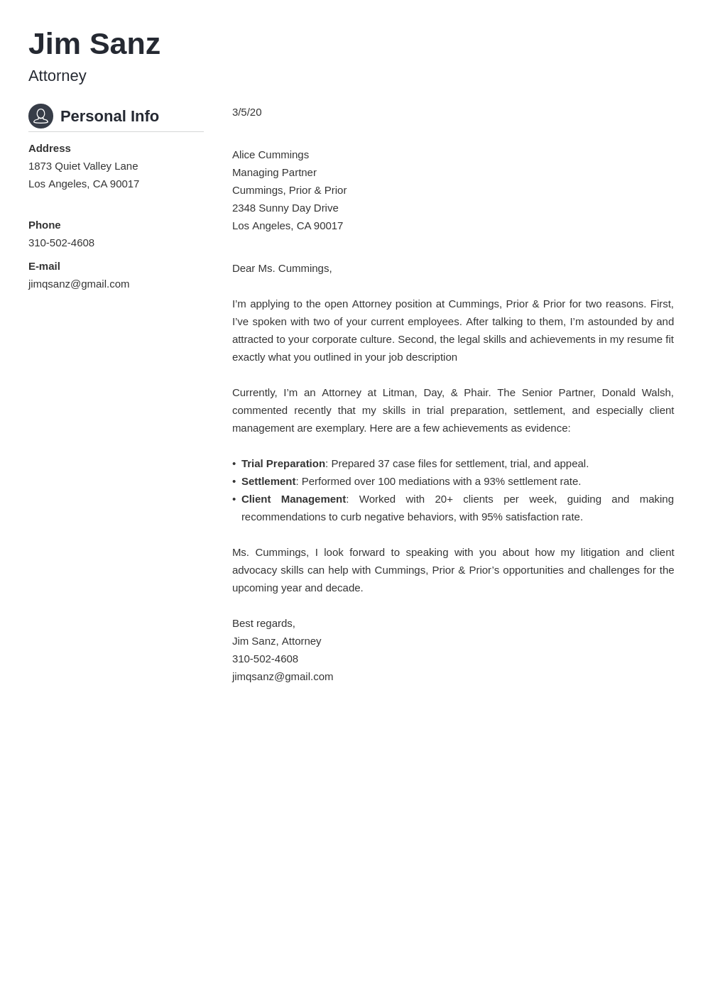 cover letter for an attorney position