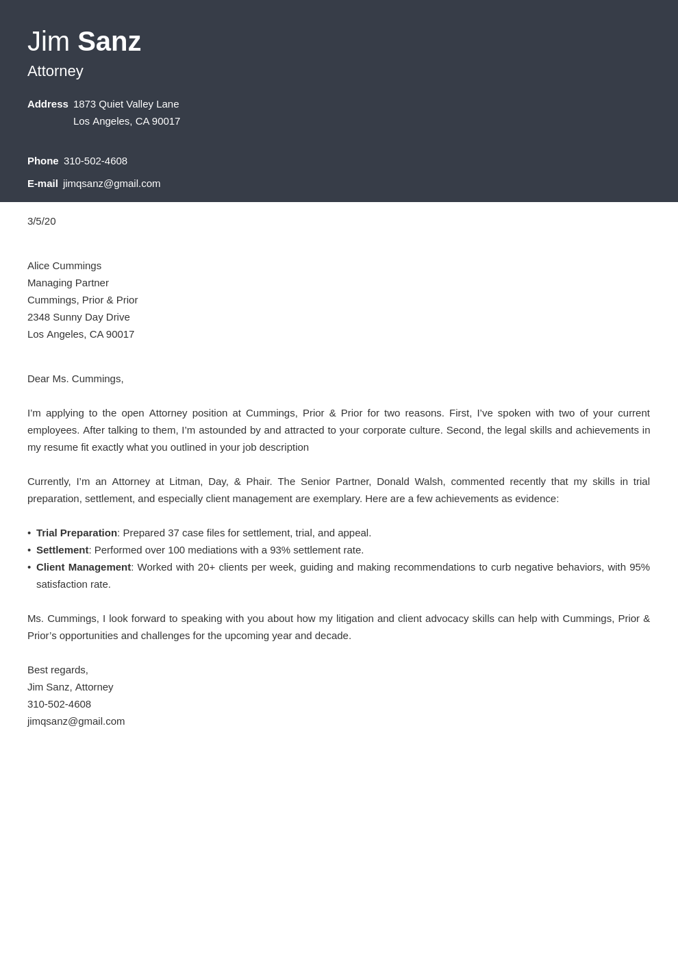 cover letter lawyer sample