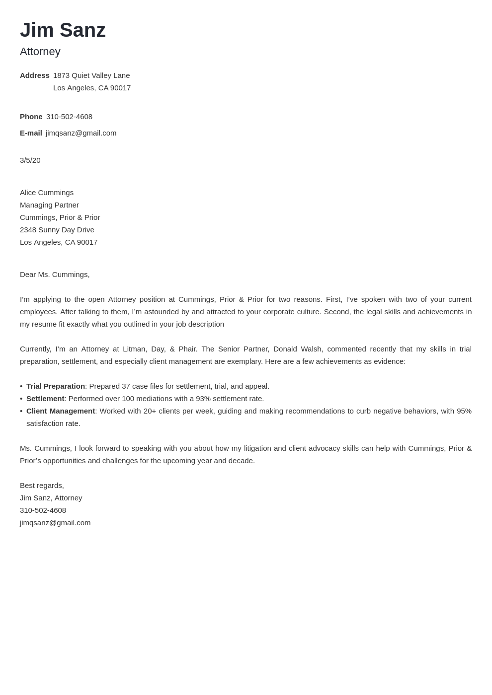 lawyer cover letter samples