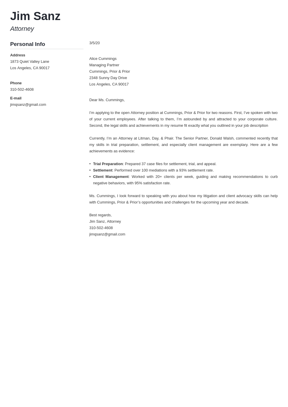 application letter for lawyer position