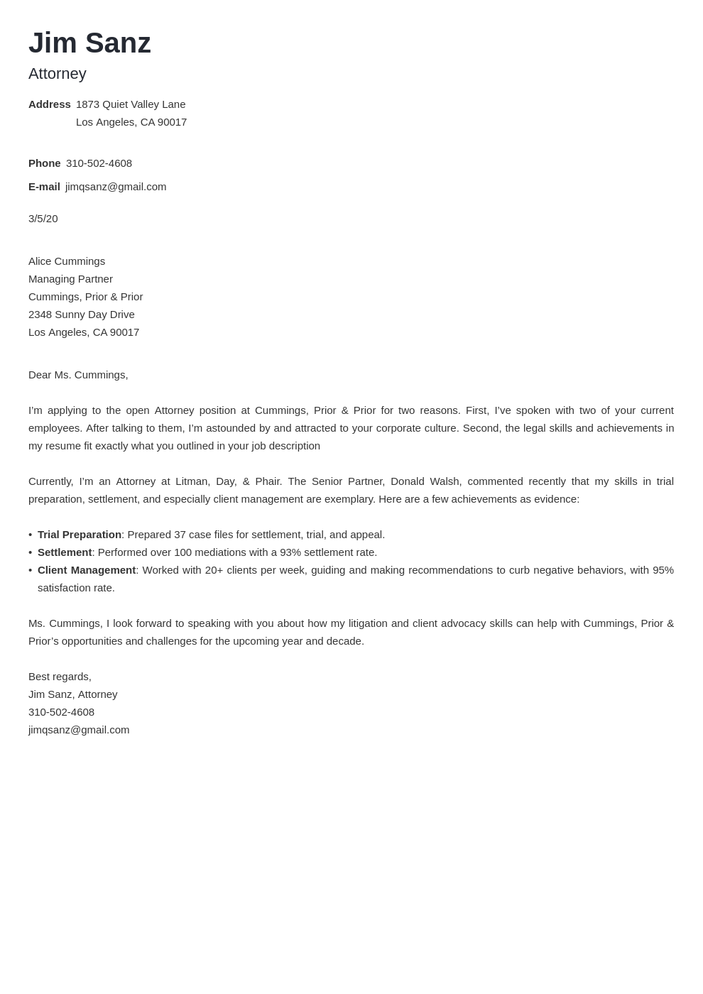 sample cover letter of a lawyer