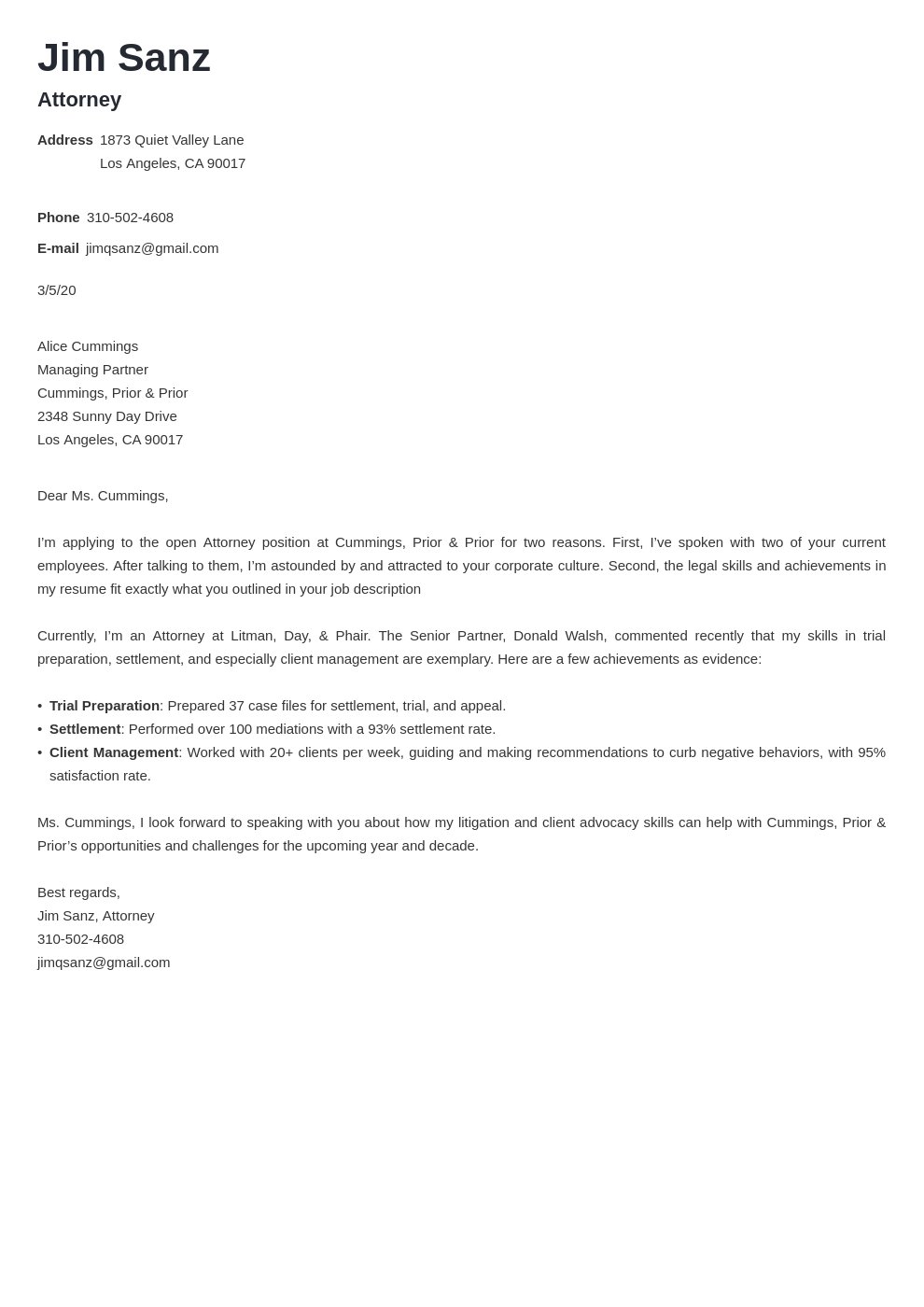 cover letter for attorney in house counsel