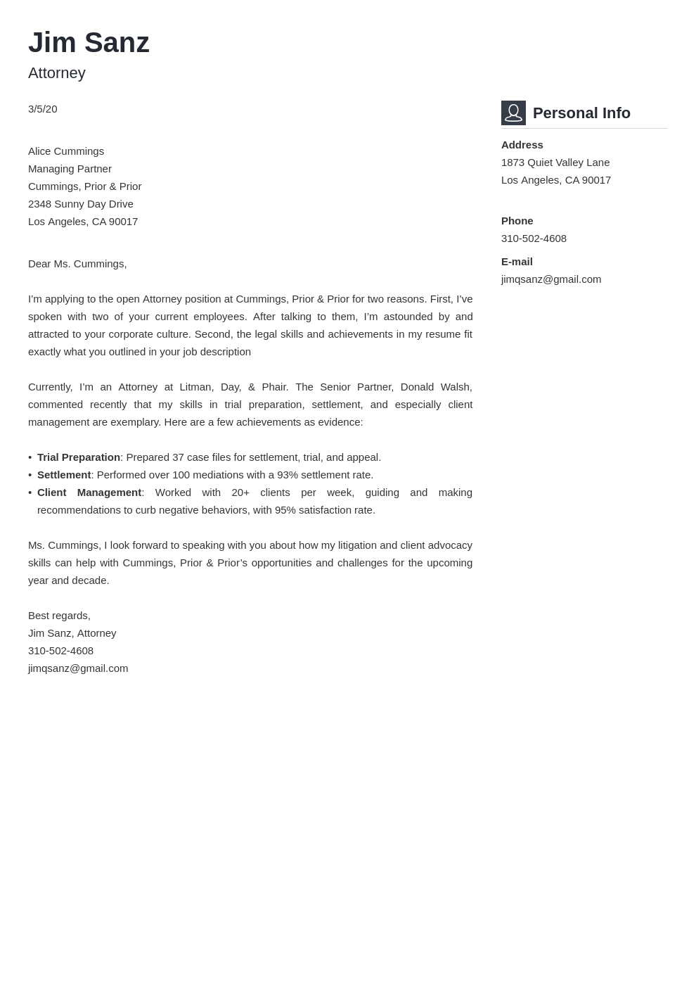 cover letter sample attorney