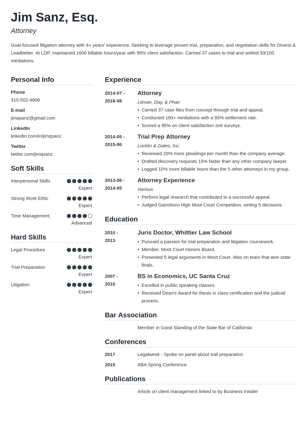 attorney resume example template simple