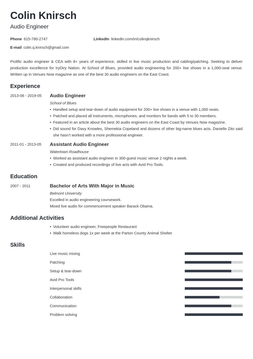 audio engineer resume example template minimo