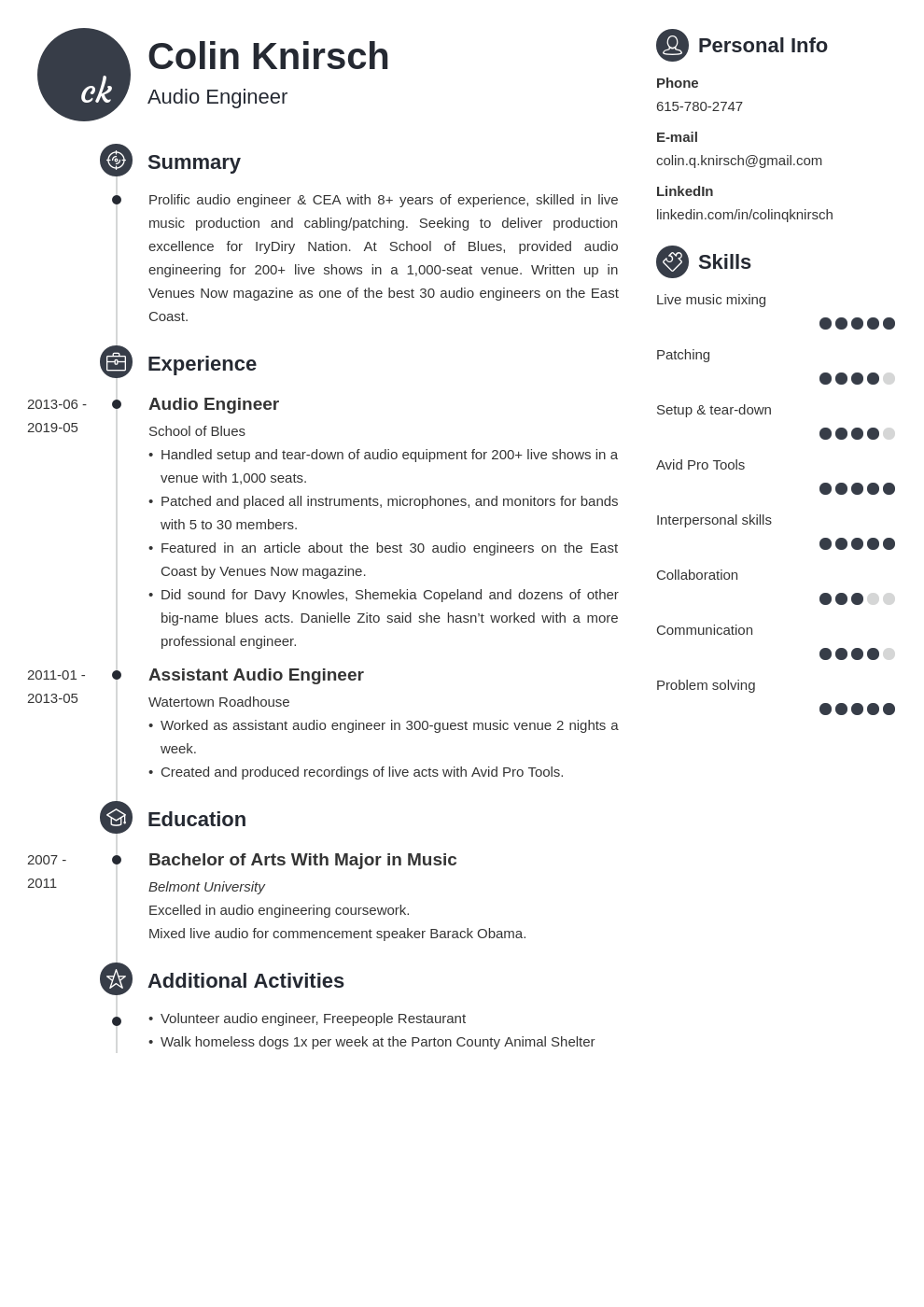 Audio Engineer Resume Sample [Also Live Sound Production]