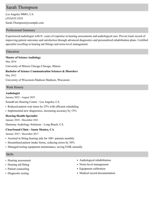 Audiologist Resume Sample
