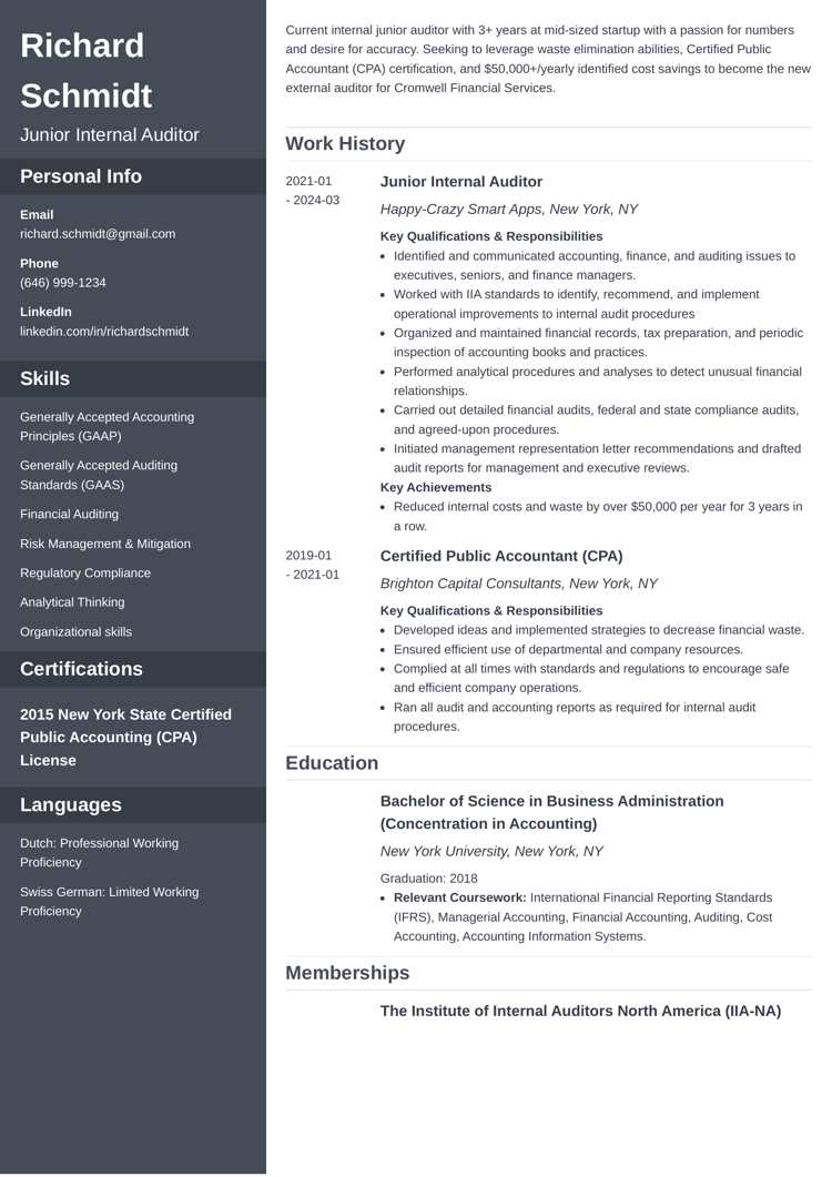 Auditor resume example on Cascade template by Zety