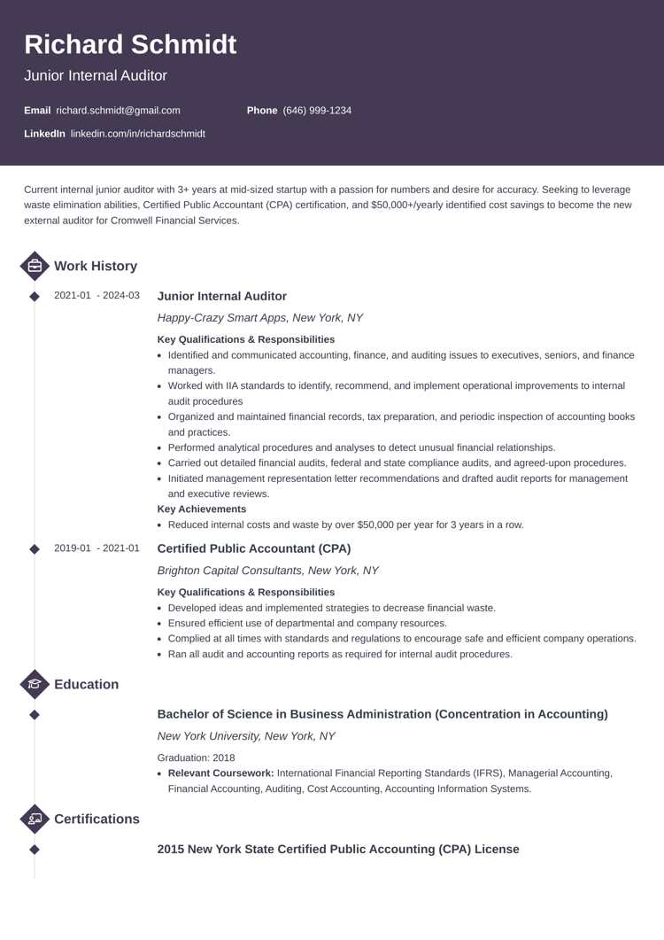 Auditor resume example on Diamond template by Zety