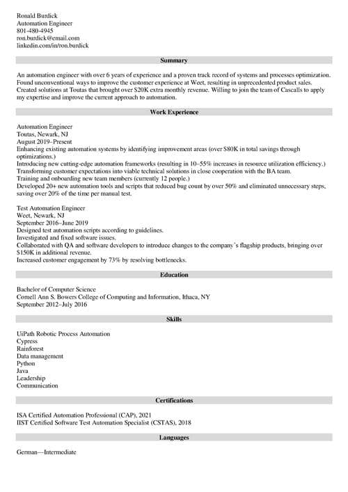 Automation Engineer Resume Guide With Sample Key Skills