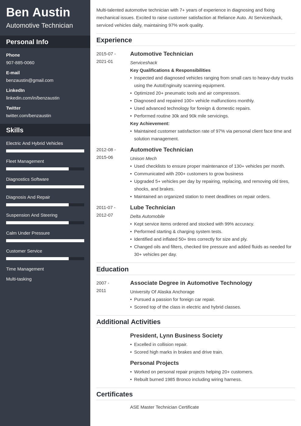 automotive technician resume example template cascade