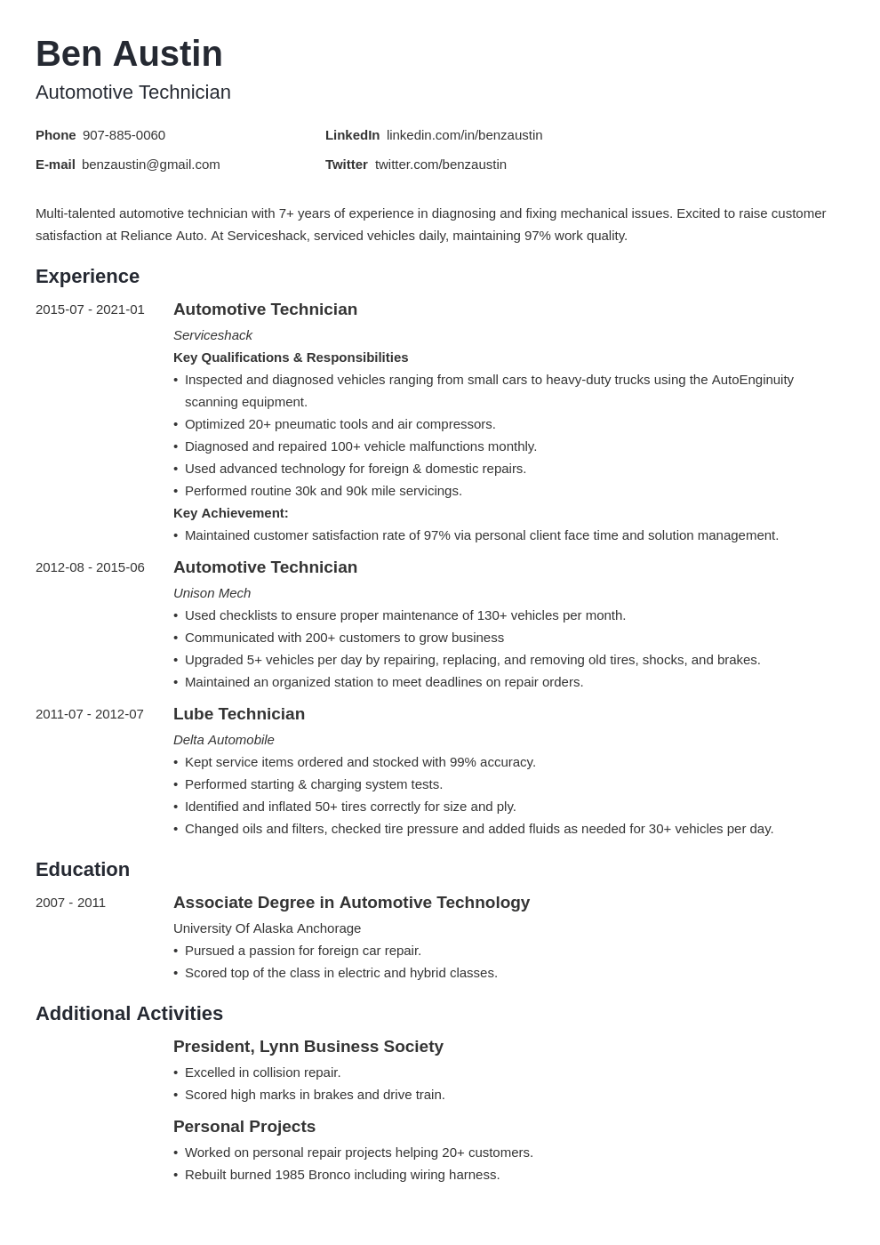 automotive service technician resume sample