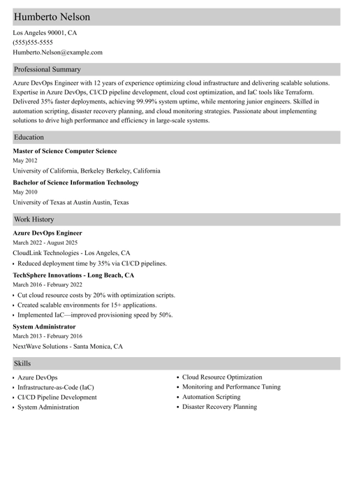 azure devops resume example