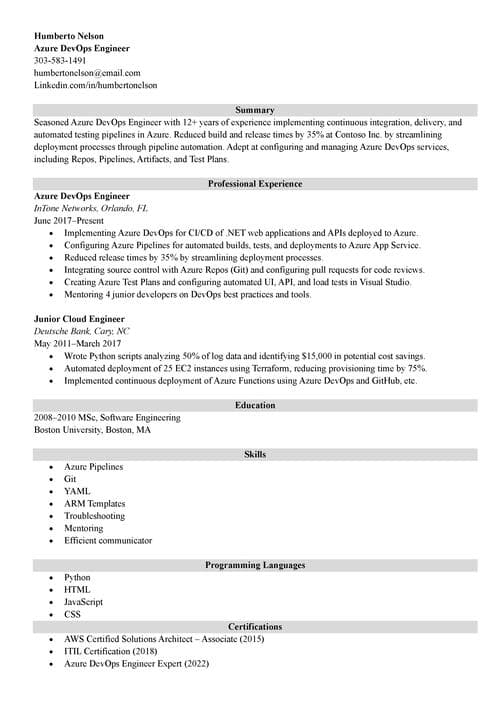 azure devops resume example
