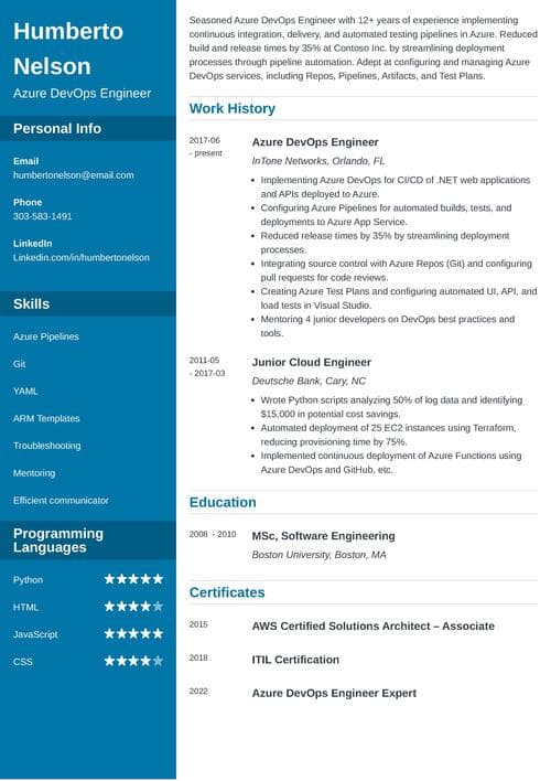 azure devops resume example