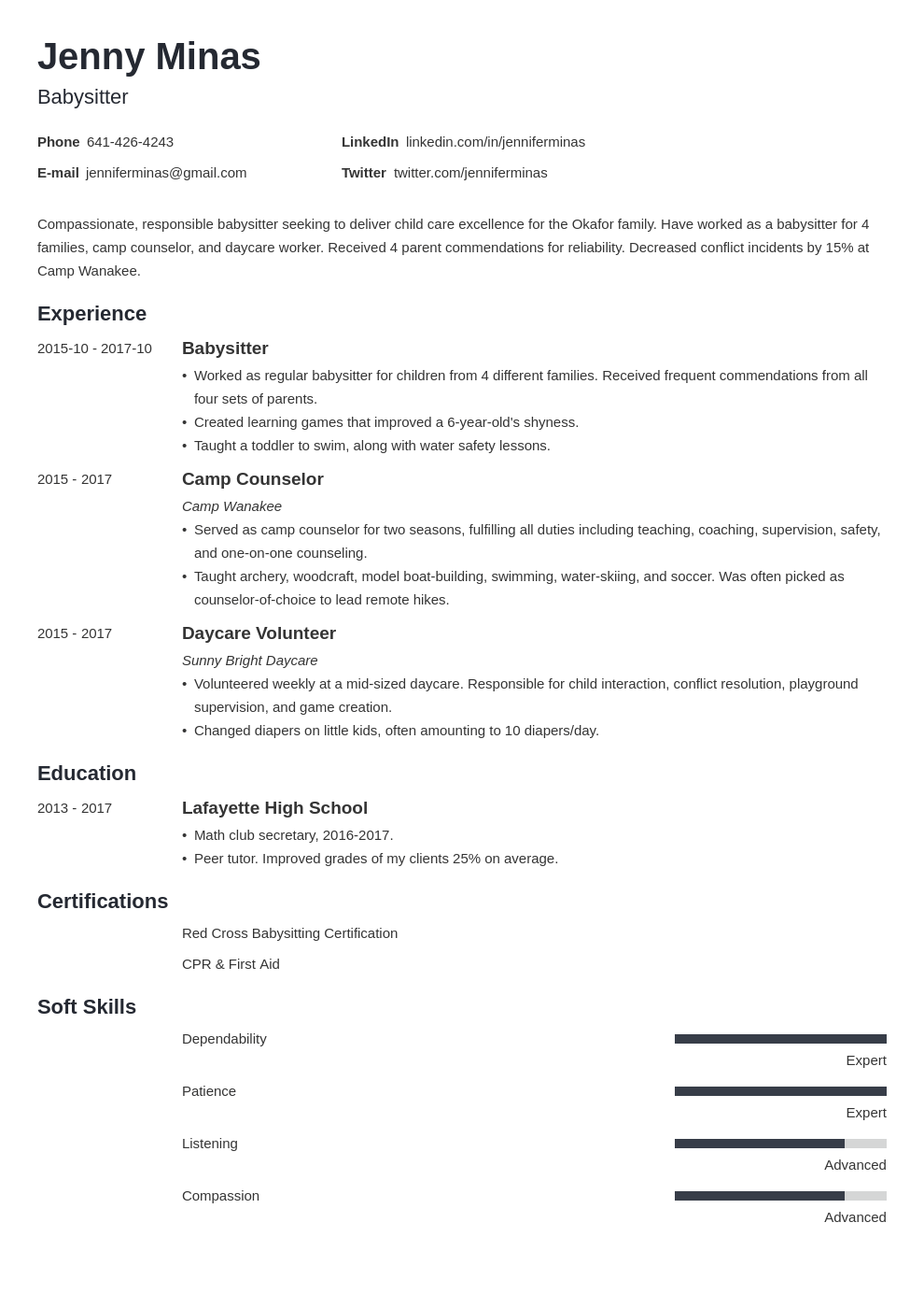 Babysitter Resume: Sample (Tips on Bio, Skills & Experience)