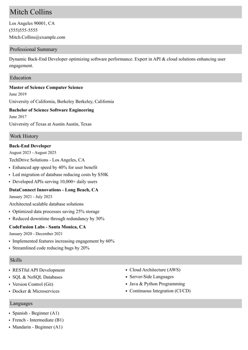 Backend Developer Resume Sample
