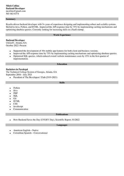 Backend Developer Resume Sample