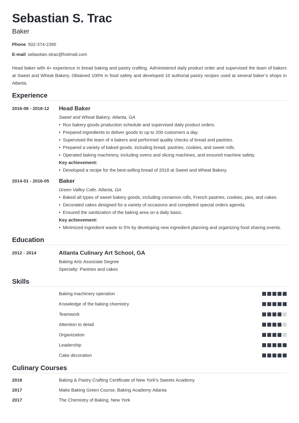 resume for home baker