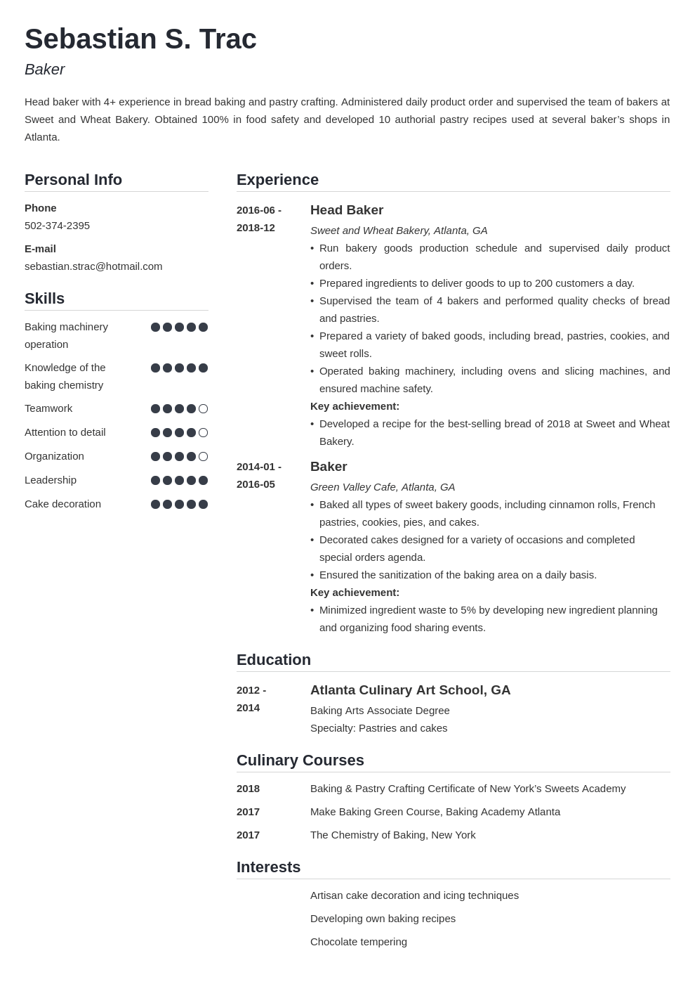 baker resume example template simple