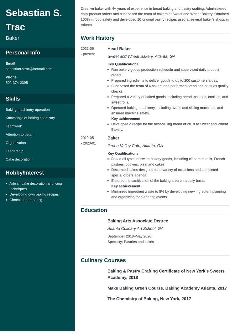 Baker Resume Example - Cascade