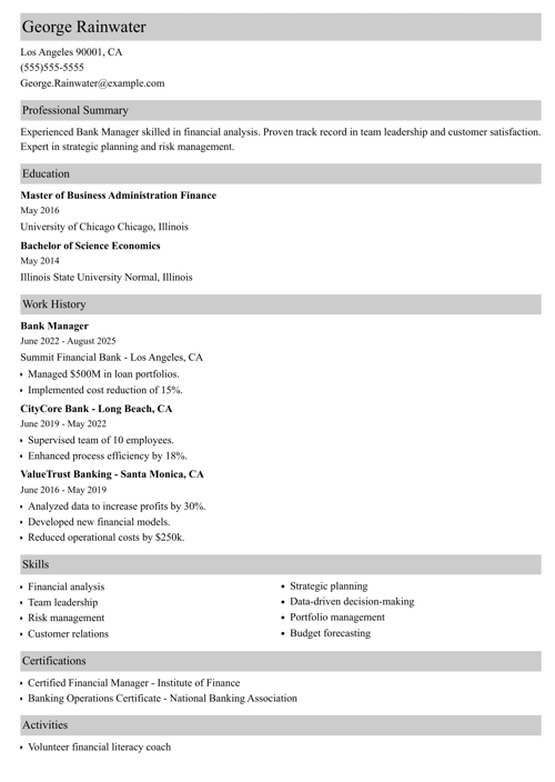 bank manager resume example