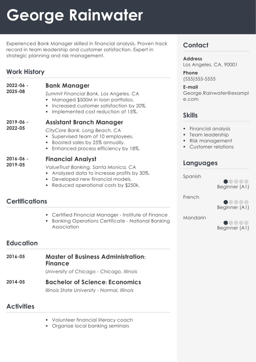 bank manager resume example