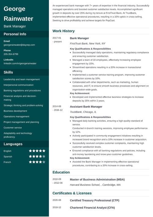 bank manager resume example