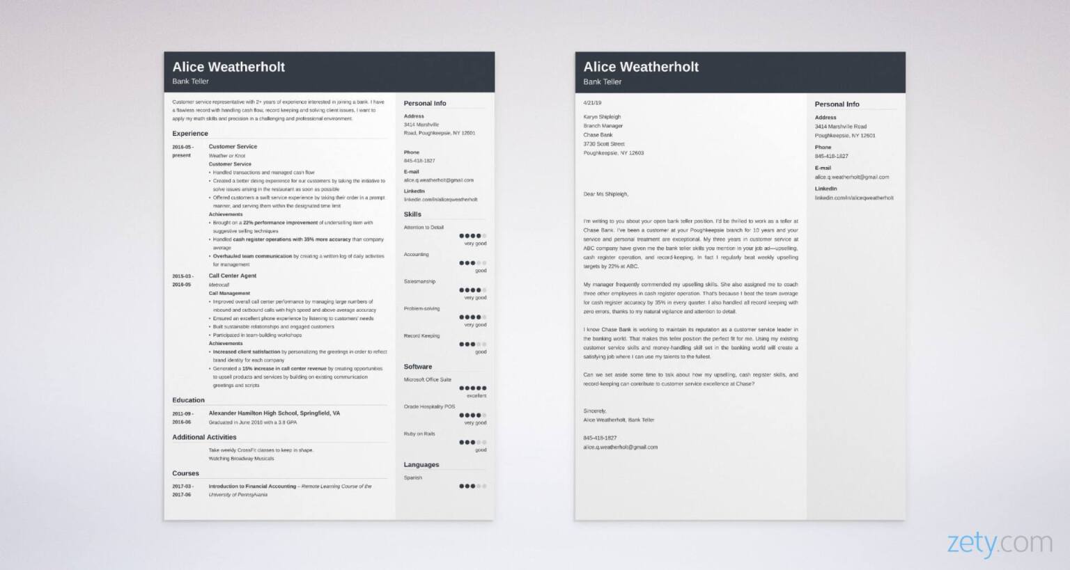 bank teller resume and cover letter set