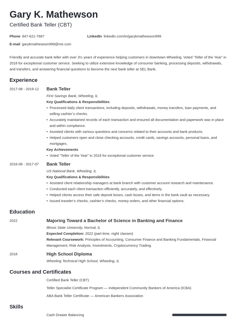 bank teller resume template minimo