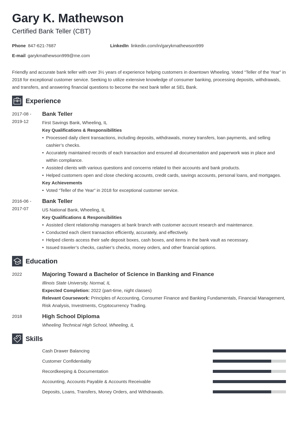 Summary For Bank Teller Resume