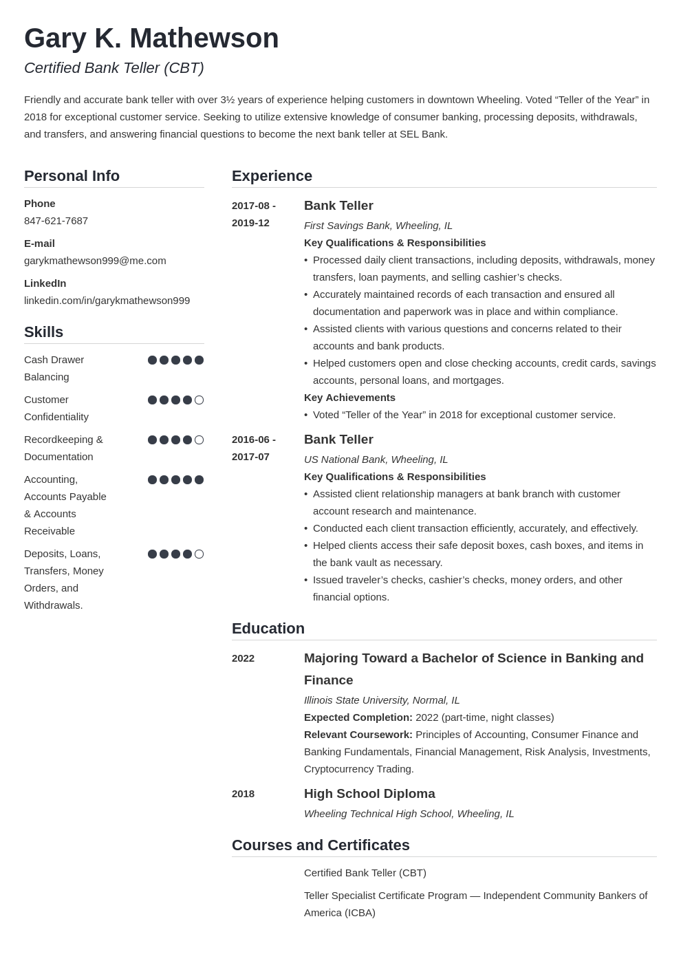 bank teller resume template simple