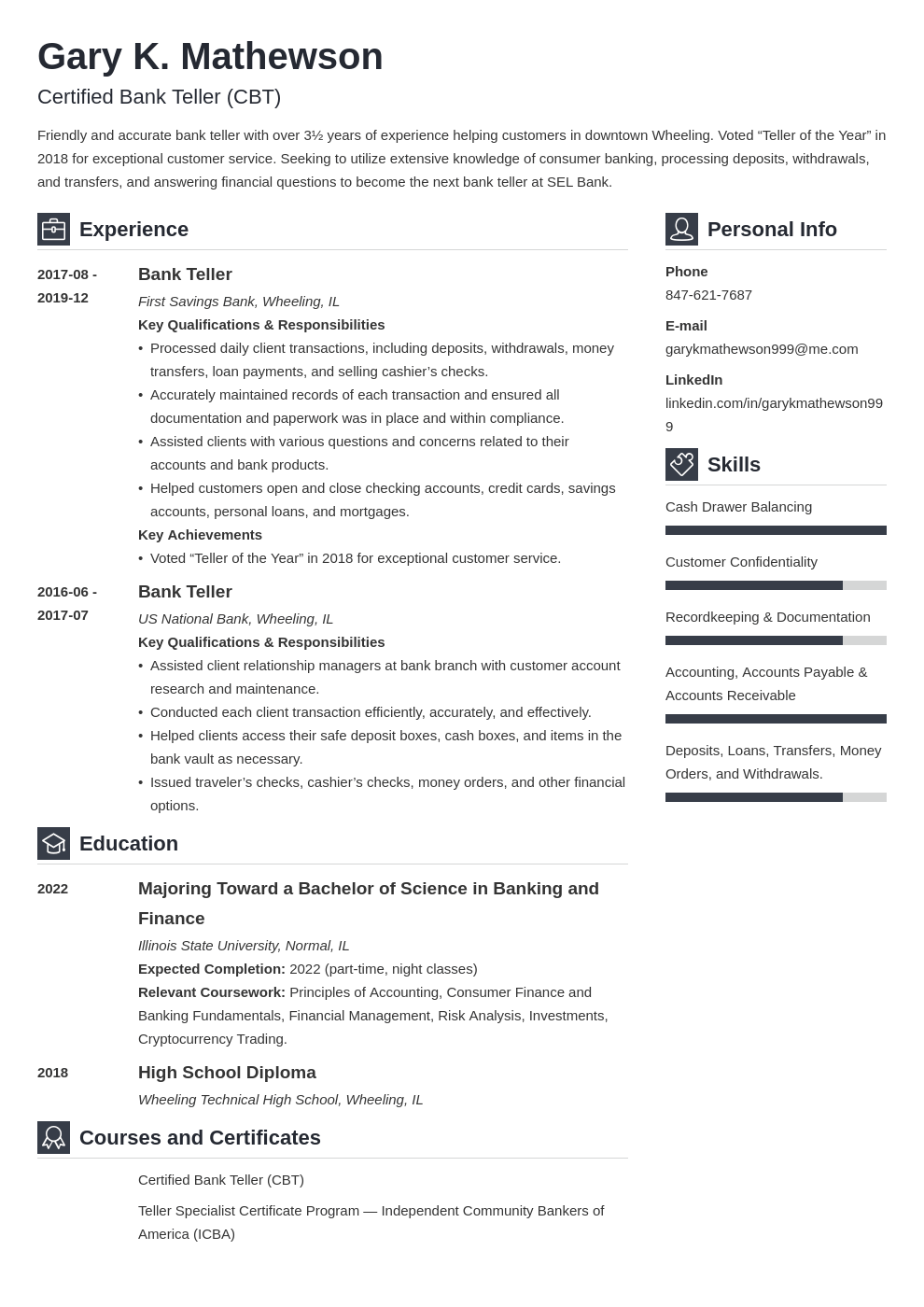 resume examples for a bank teller