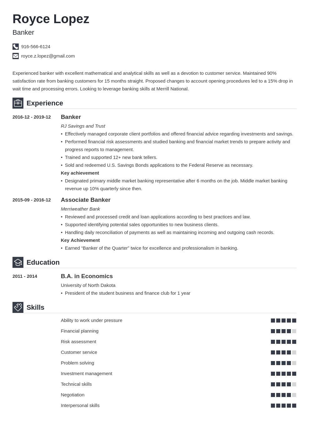 resume format for banking job