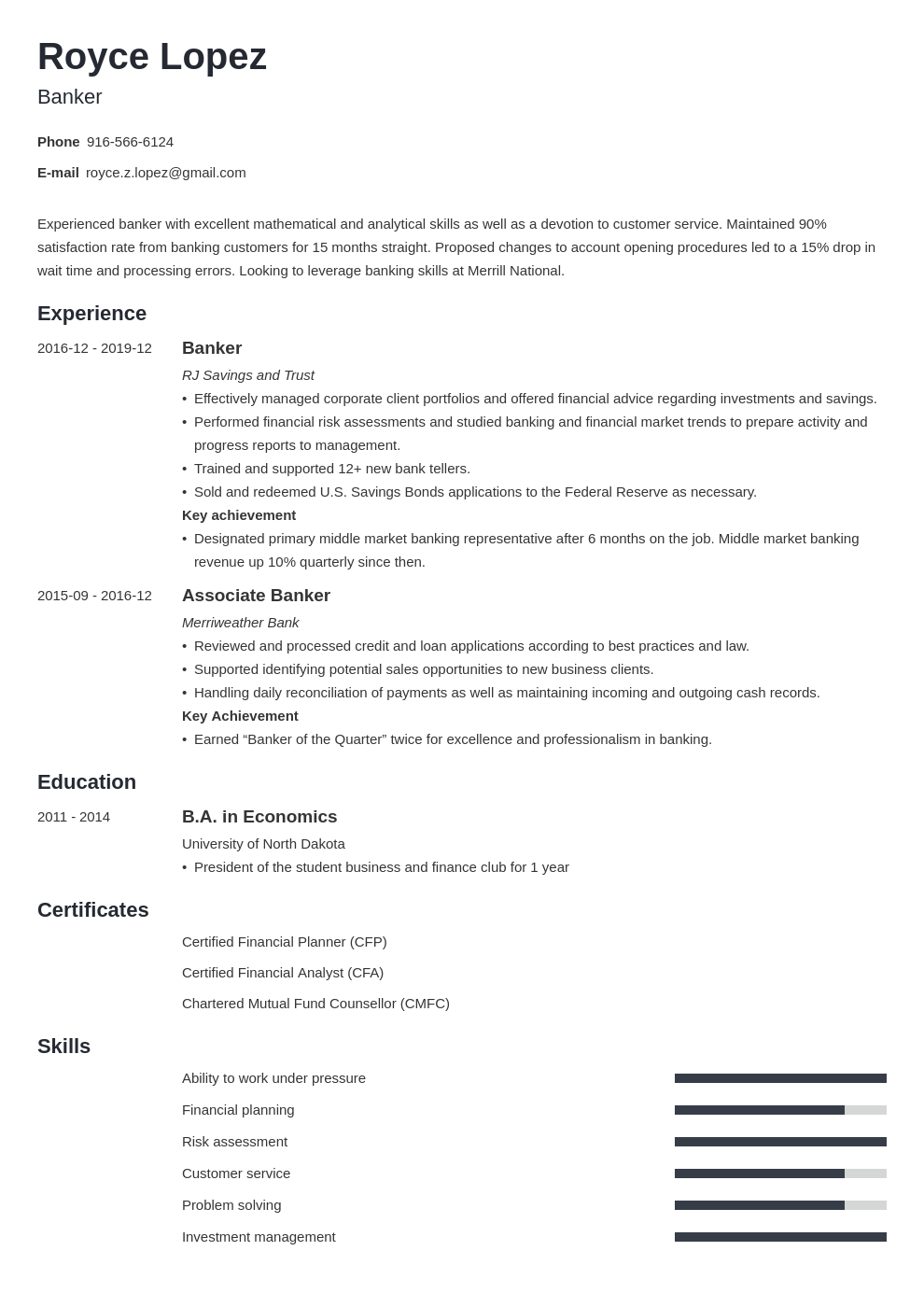 banking resume example template minimo