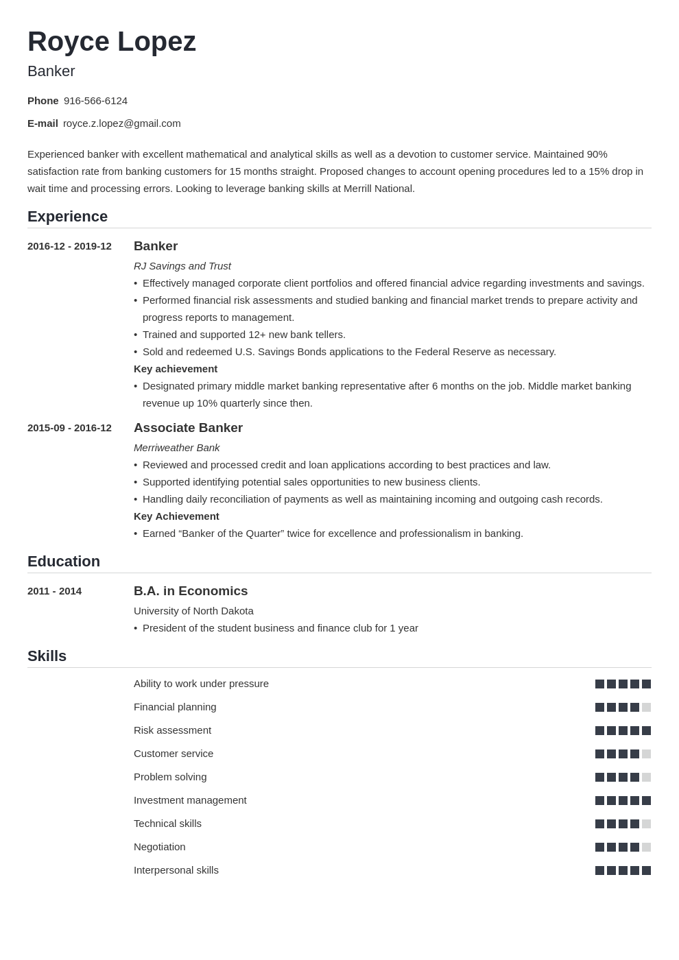 Bank Resume Sample