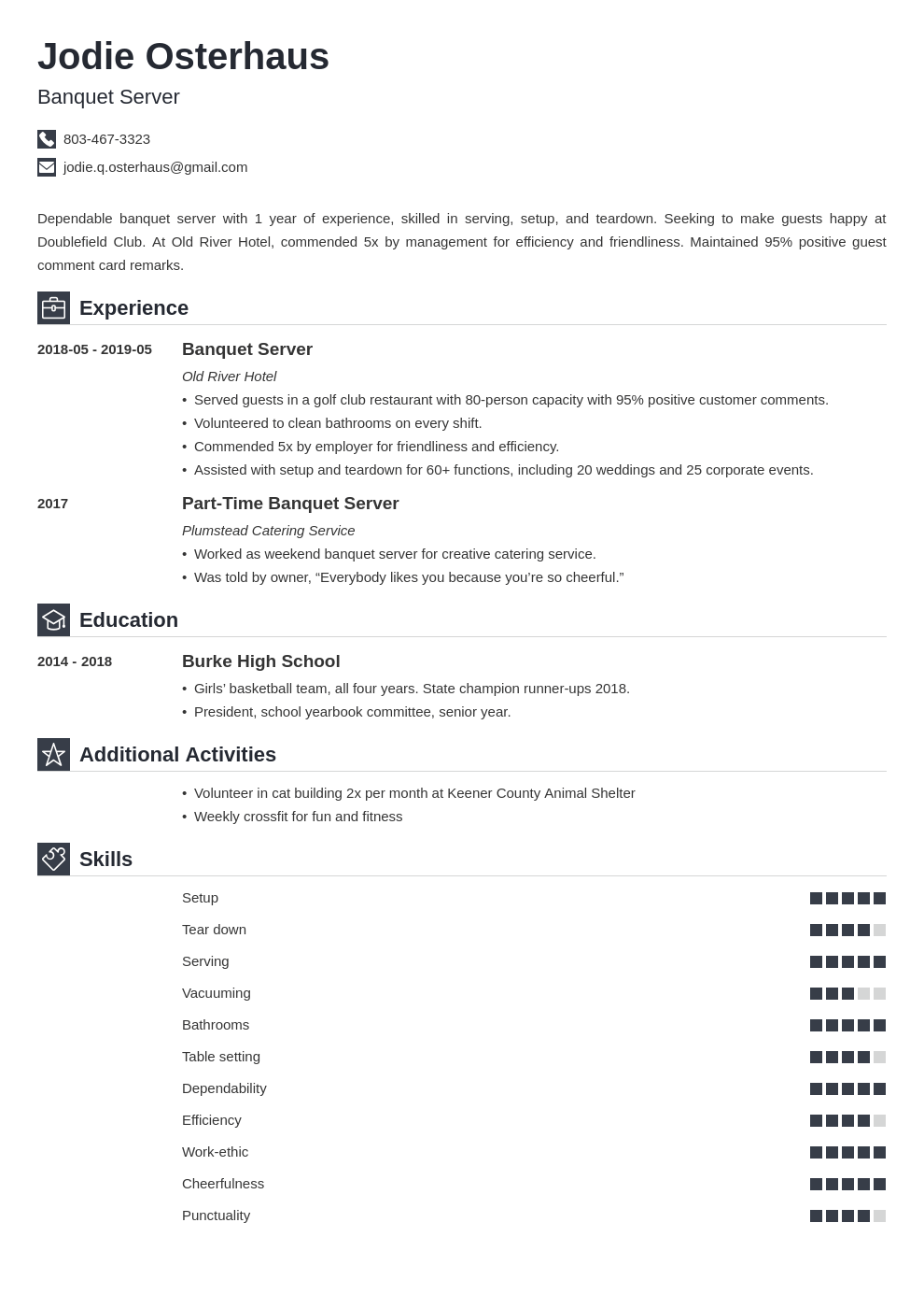 banquet server resume example template iconic