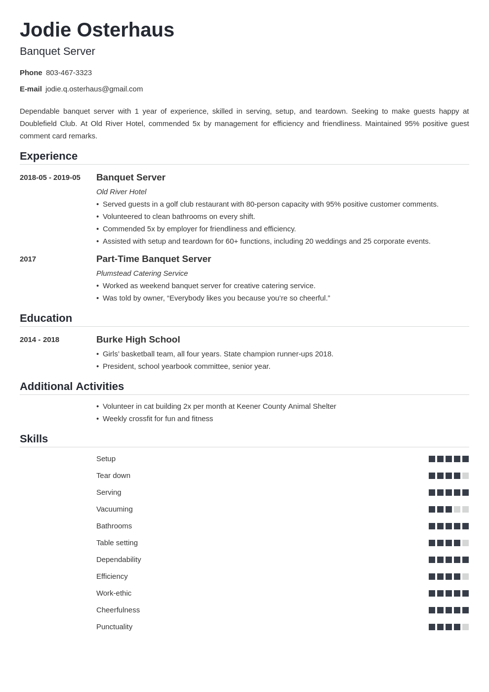 banquet server resume example template nanica
