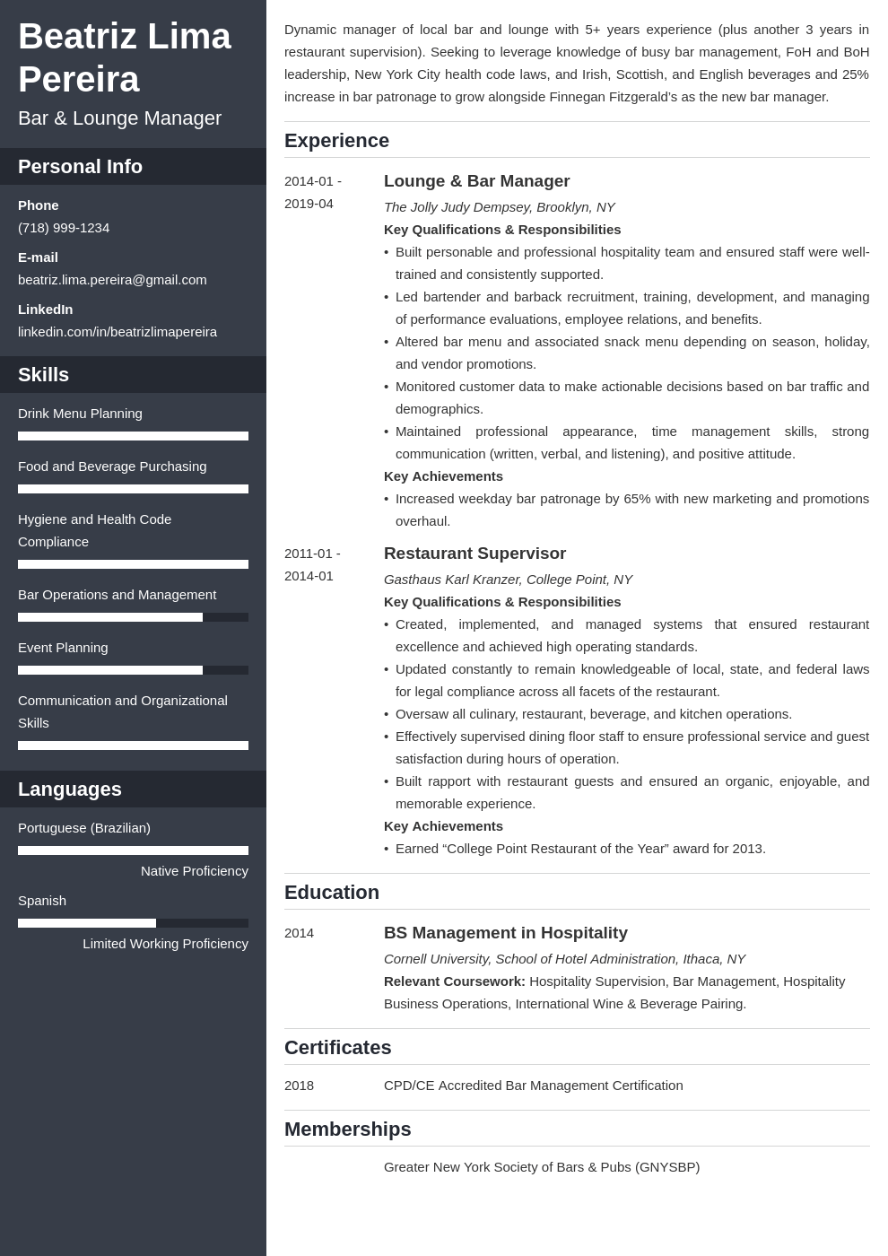 bar manager resume example template cascade