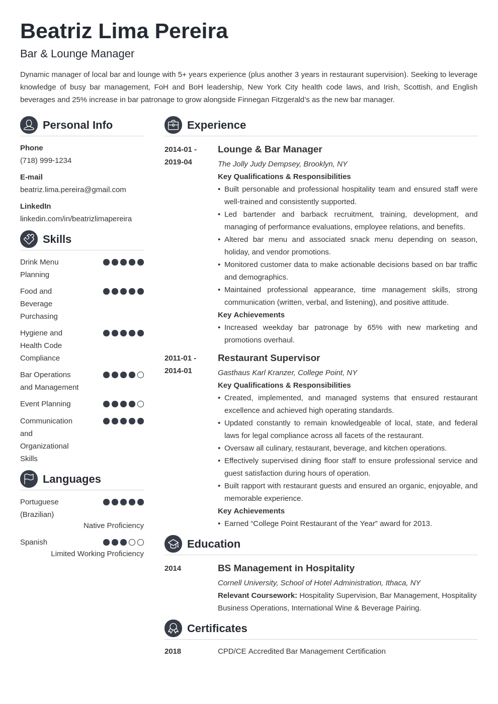 bar manager resume example template crisp