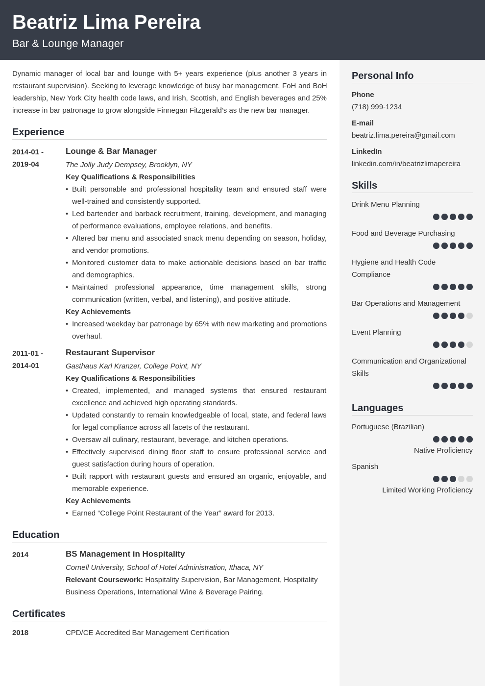 bar manager resume example template cubic