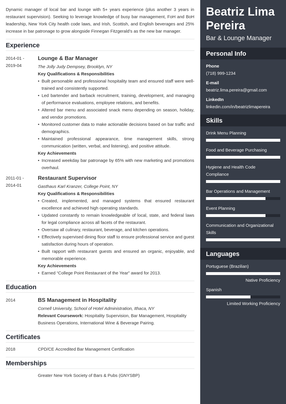 bar manager resume example template enfold