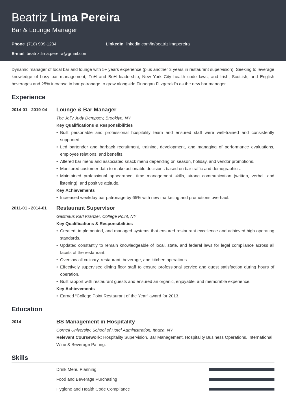 bar manager resume example template influx
