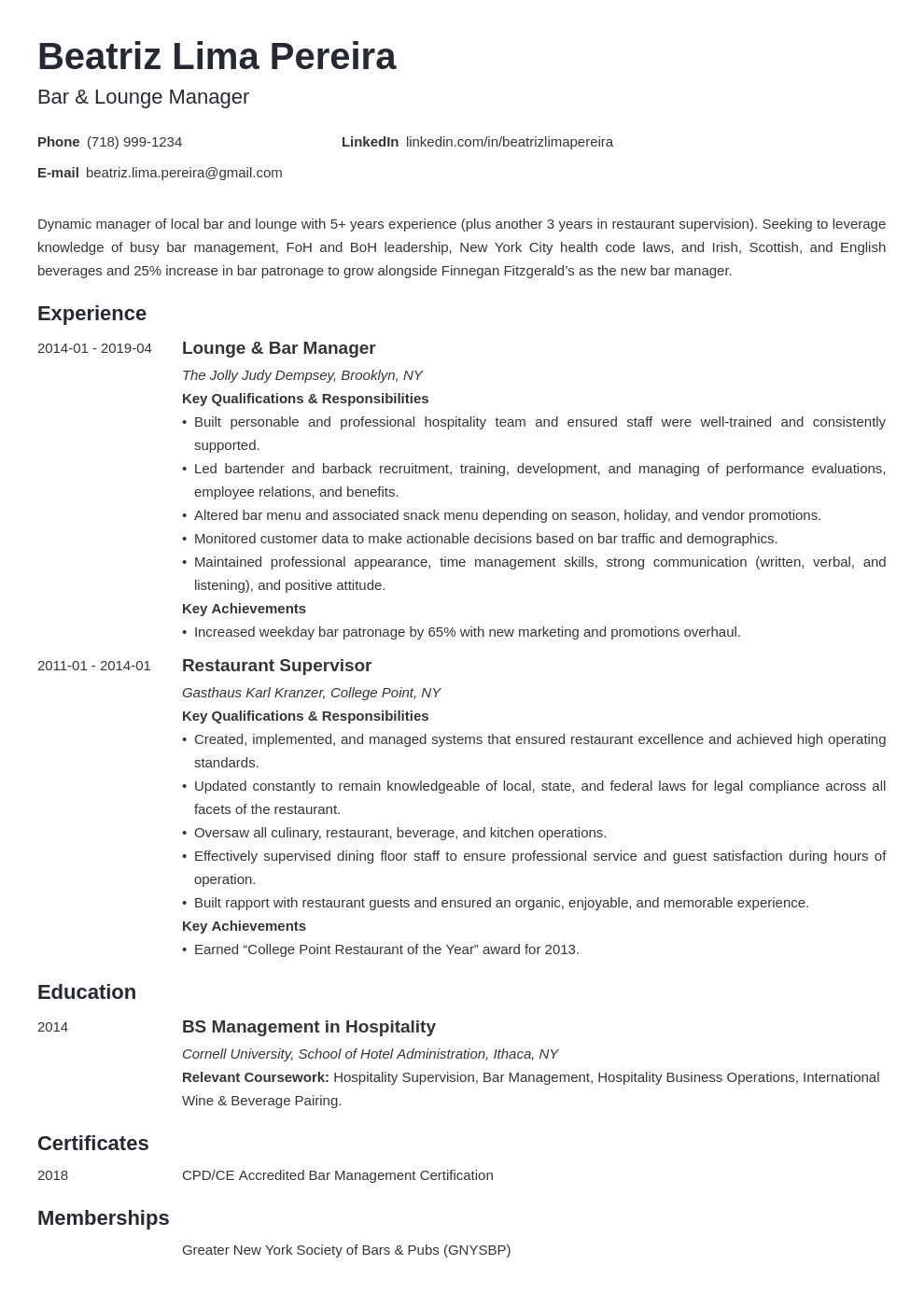 Bar Manager Job Description Resume LuzBenton Blog