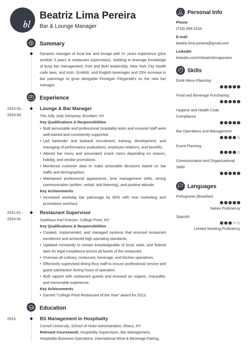 bar manager resume example template primo