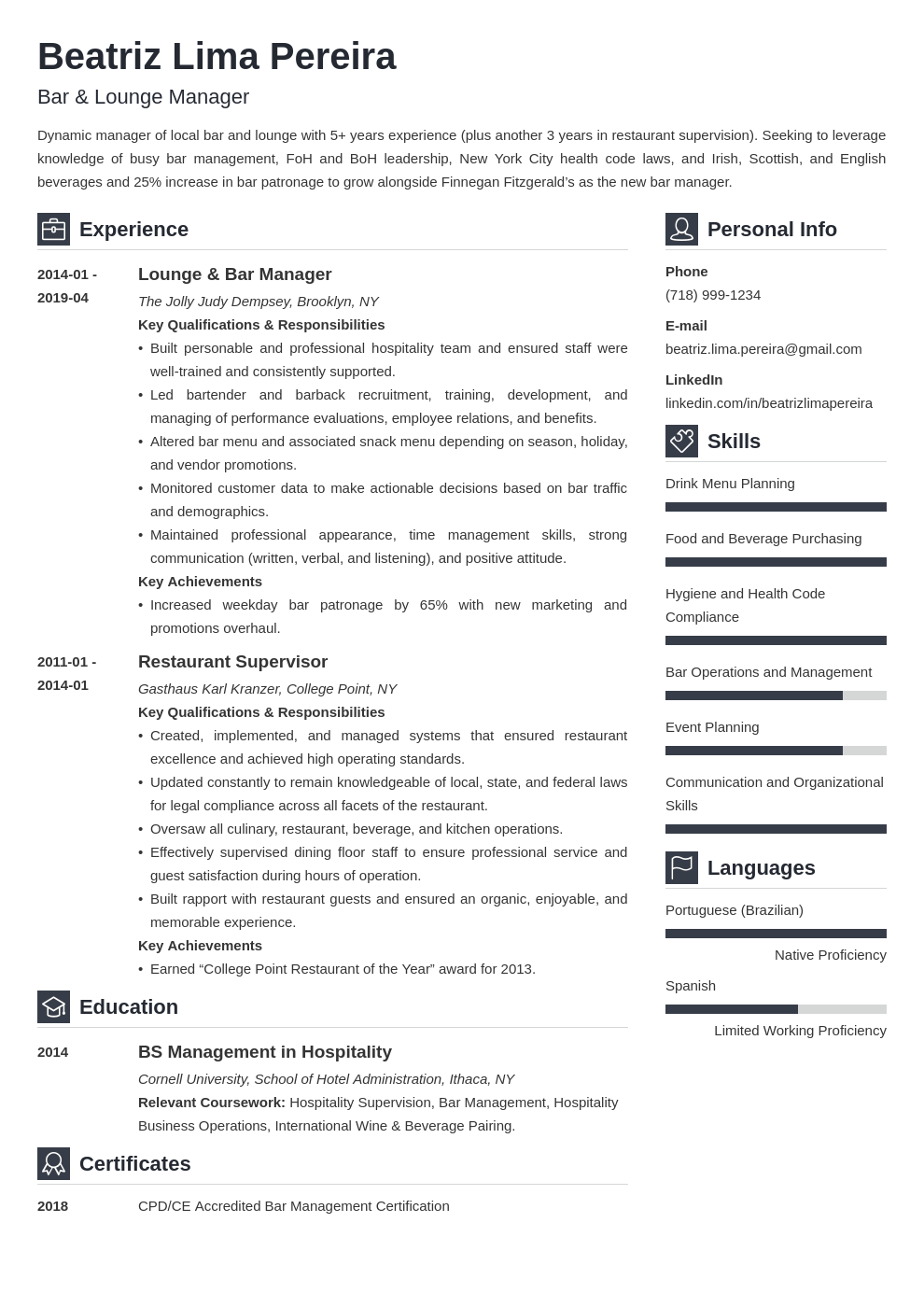 bar manager resume example template vibes